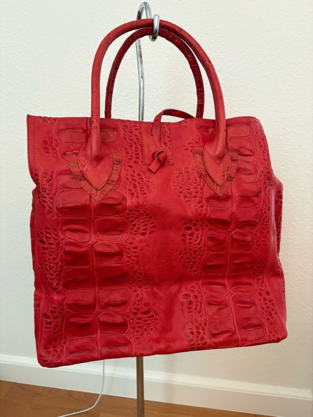 Red Croc-Embossed Tote Bag with Top Handles